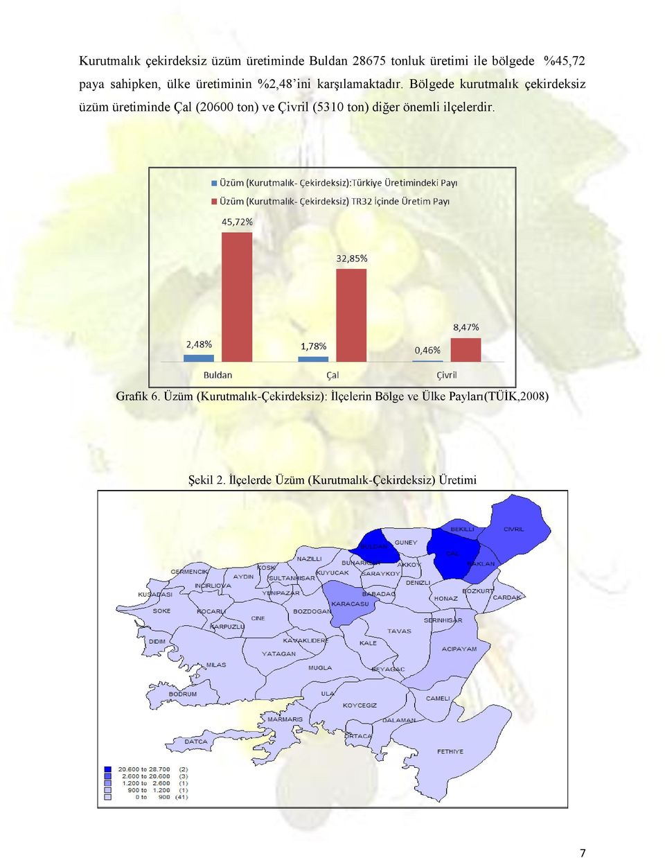 Bölgede kurutmalık çekirdeksiz üzüm üretiminde Çal (20600 ton) ve Çivril (5310 ton) diğer önemli