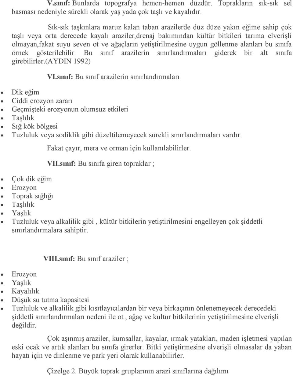 ve ağaçların yetiştirilmesine uygun göllenme alanları bu sınıfa örnek gösterilebilir. Bu sınıf arazilerin sınırlandırmaları giderek bir alt sınıfa girebilirler.(aydin 1992) VI.