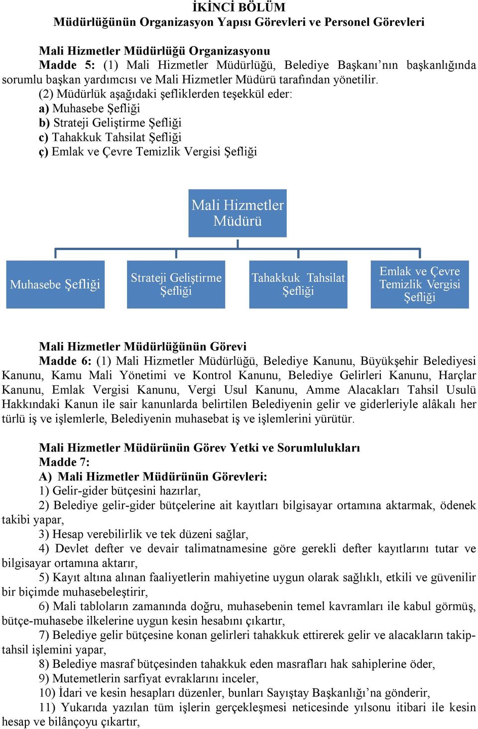 (2) Müdürlük aşağıdaki şefliklerden teşekkül eder: a) Muhasebe Şefliği b) Strateji Geliştirme Şefliği c) Tahakkuk Tahsilat Şefliği ç) Emlak ve Çevre Temizlik Vergisi Şefliği Mali Hizmetler Müdürü