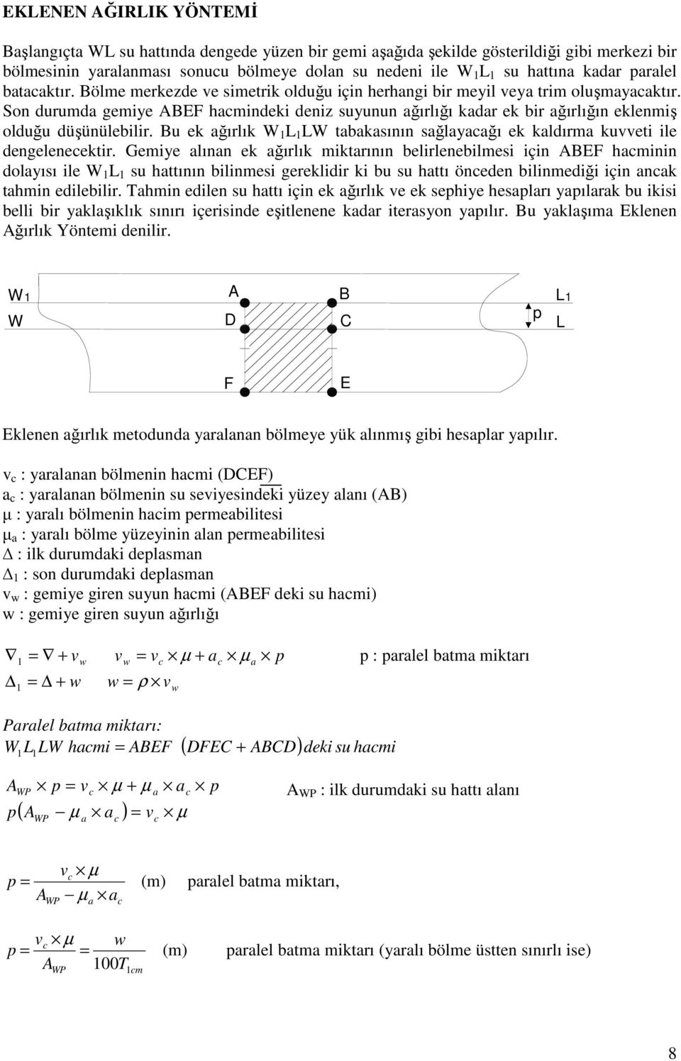 Son durumda gemiye ABEF hamindeki deniz suyunun ağırlığı kadar ek bir ağırlığın eklenmiş olduğu düşünülebilir. Bu ek ağırlık W W tabakasının sağlayaağı ek kaldırma kuvveti ile dengeleneektir.