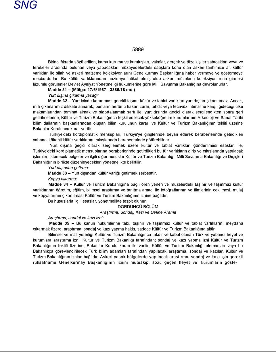 Bu kültür varlıklarından hazineye intikal etmiş olup askeri müzelerin koleksiyonlarına girmesi lüzumlu görülenler Devlet Ayniyat Yönetmeliği hükümlerine göre Milli Savunma Bakanlığına devrolunurlar.