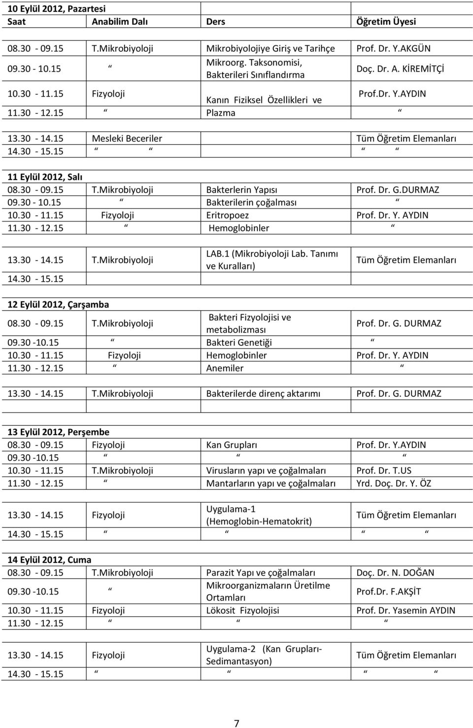 DURMAZ 09.30-10.15 Bakterilerin çoğalması Fizyoloji Eritropoez Prof. Dr. Y. AYDIN Hemoglobinler 13.30-14.15 T.Mikrobiyoloji LAB.1 (Mikrobiyoloji Lab.