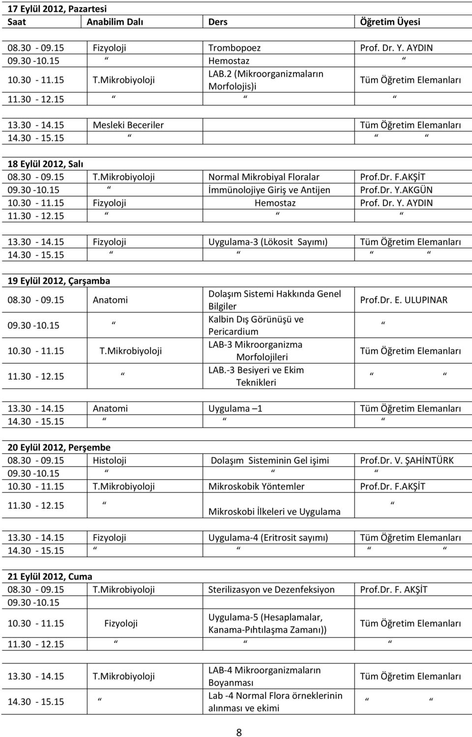 AKGÜN Fizyoloji Hemostaz Prof. Dr. Y. AYDIN 13.30-14.15 Fizyoloji Uygulama-3 (Lökosit Sayımı) Tüm Öğretim Elemanları 19 Eylül 2012, Çarşamba Anatomi 09.30-10.15 T.