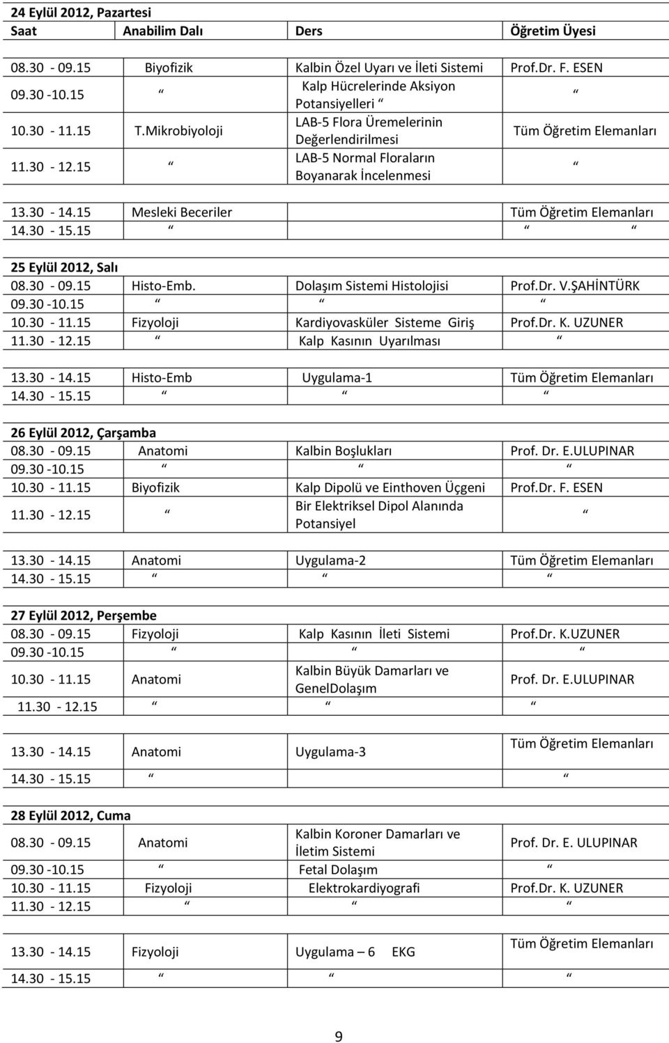 15 Mesleki Beceriler Tüm Öğretim Elemanları 25 Eylül 2012, Salı Histo-Emb. Dolaşım Sistemi Histolojisi Prof.Dr. V.ŞAHİNTÜRK Fizyoloji Kardiyovasküler Sisteme Giriş Prof.Dr. K. UZUNER Kalp Kasının Uyarılması 13.