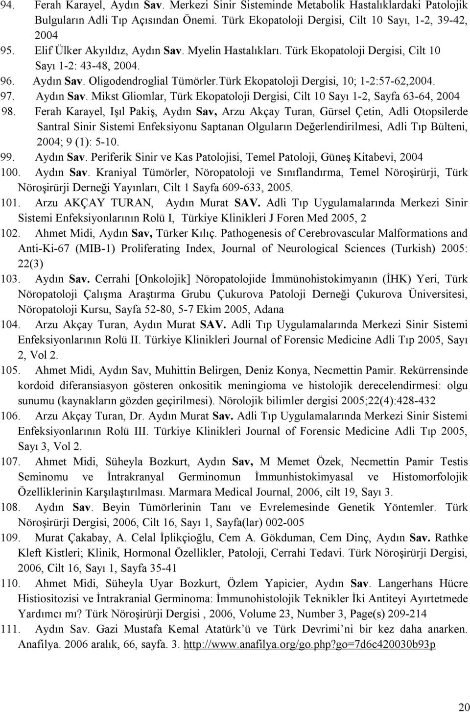 Aydın Sav. Mikst Gliomlar, Türk Ekopatoloji Dergisi, Cilt 10 Sayı 1-2, Sayfa 63-64, 2004 98.