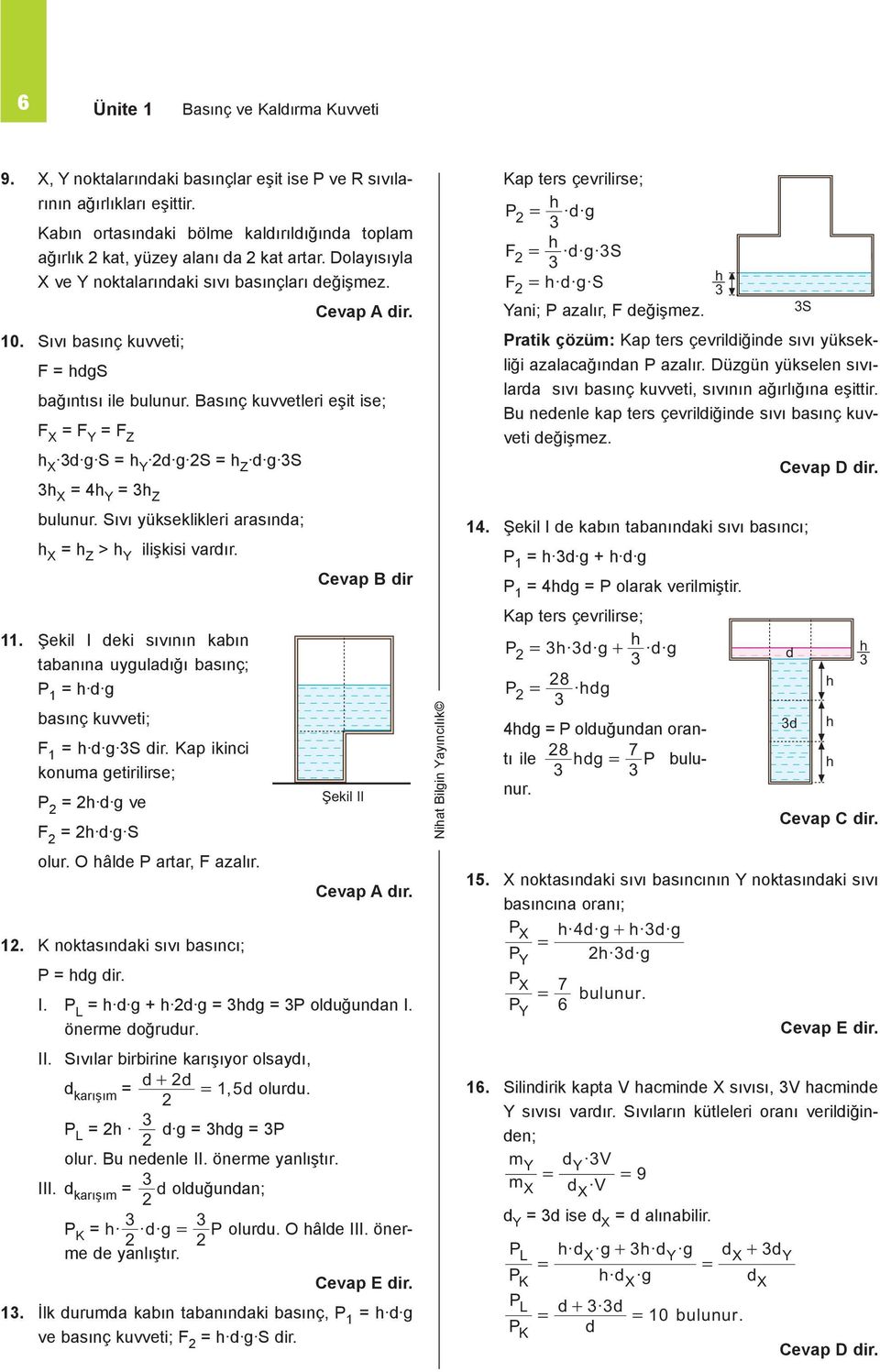 bağıntısı ile bulunur. Basınç kuvvetleri eşit ise; F X F Y F Z X d Y d Z d X 4 Y Z bulunur. ıvı yükseklikleri arasında; X Z > Y ilişkisi vardır.