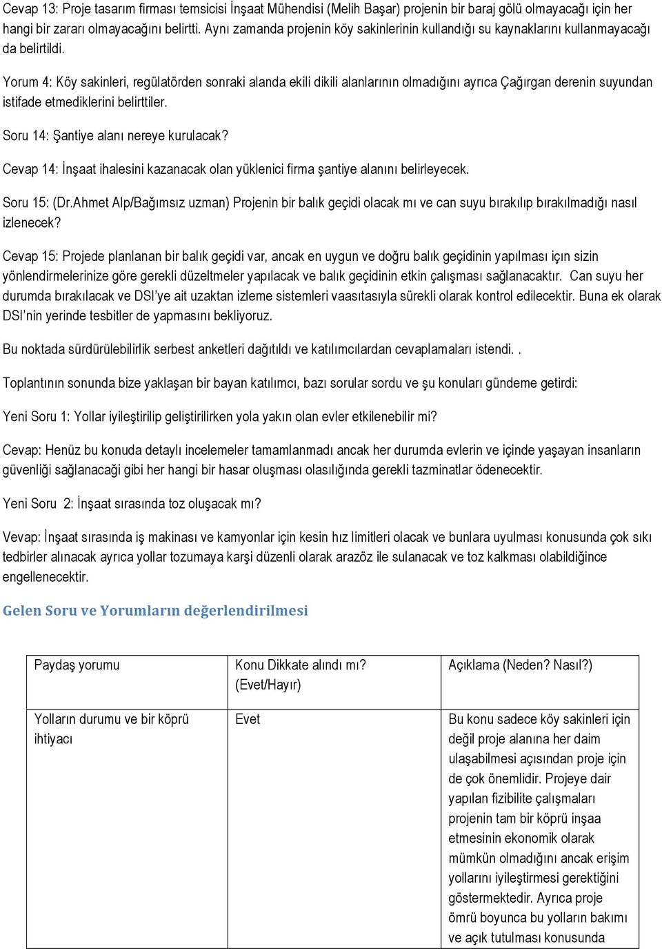 Yorum 4: Köy sakinleri, regülatörden sonraki alanda ekili dikili alanlarının olmadığını ayrıca Çağırgan derenin suyundan istifade etmediklerini belirttiler. Soru 14: Şantiye alanı nereye kurulacak?