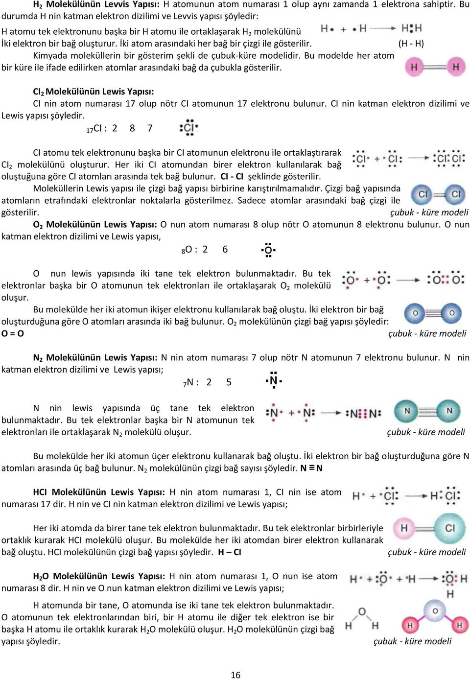 İki atom arasındaki her bağ bir çizgi ile gösterilir. (H - H) Kimyada moleküllerin bir gösterim şekli de çubuk-küre modelidir.