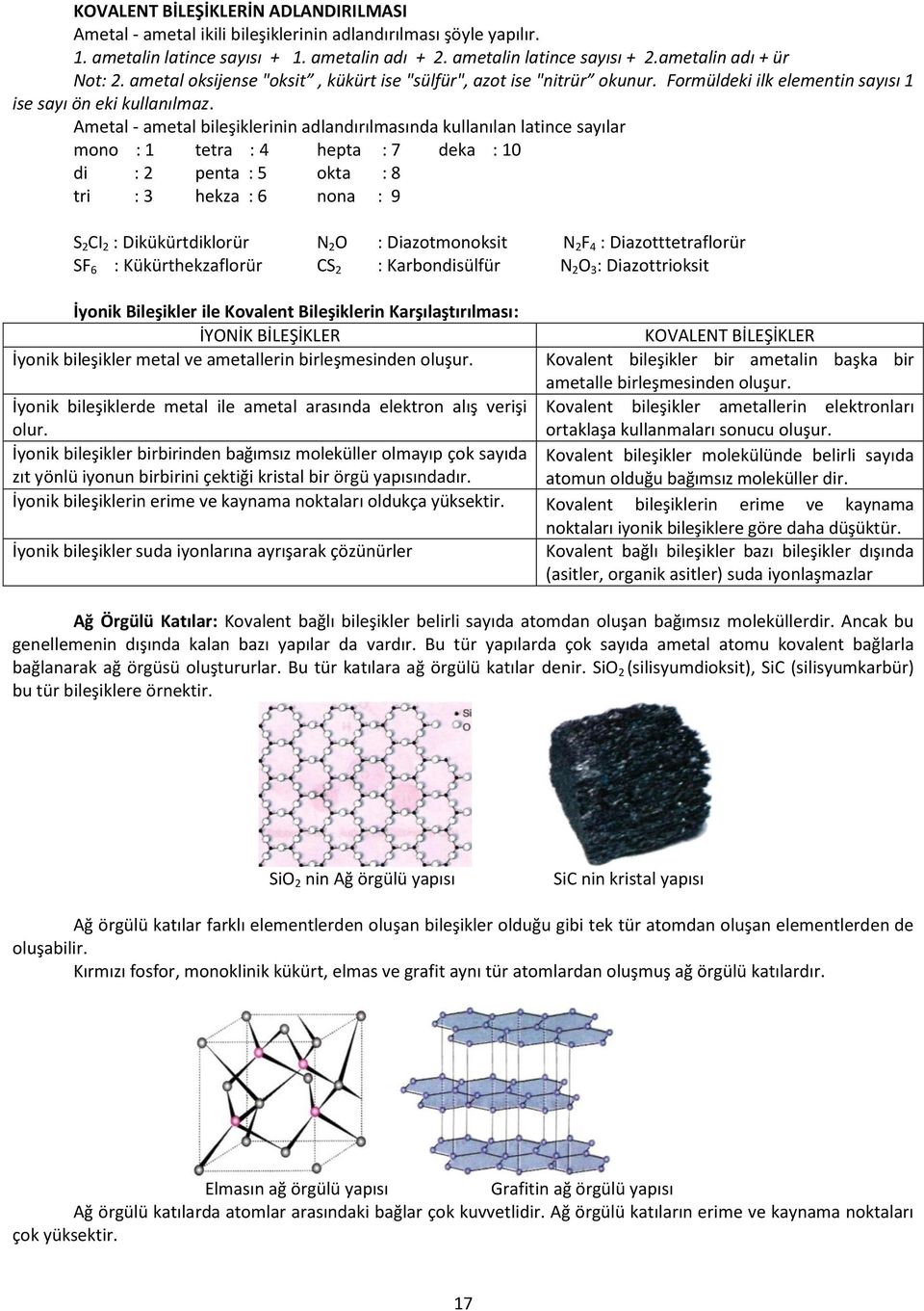 Ametal - ametal bileşiklerinin adlandırılmasında kullanılan latince sayılar mono : 1 tetra : 4 hepta : 7 deka : 10 di : 2 penta : 5 okta : 8 tri : 3 hekza : 6 nona : 9 S 2 CI 2 : Dikükürtdiklorür N 2