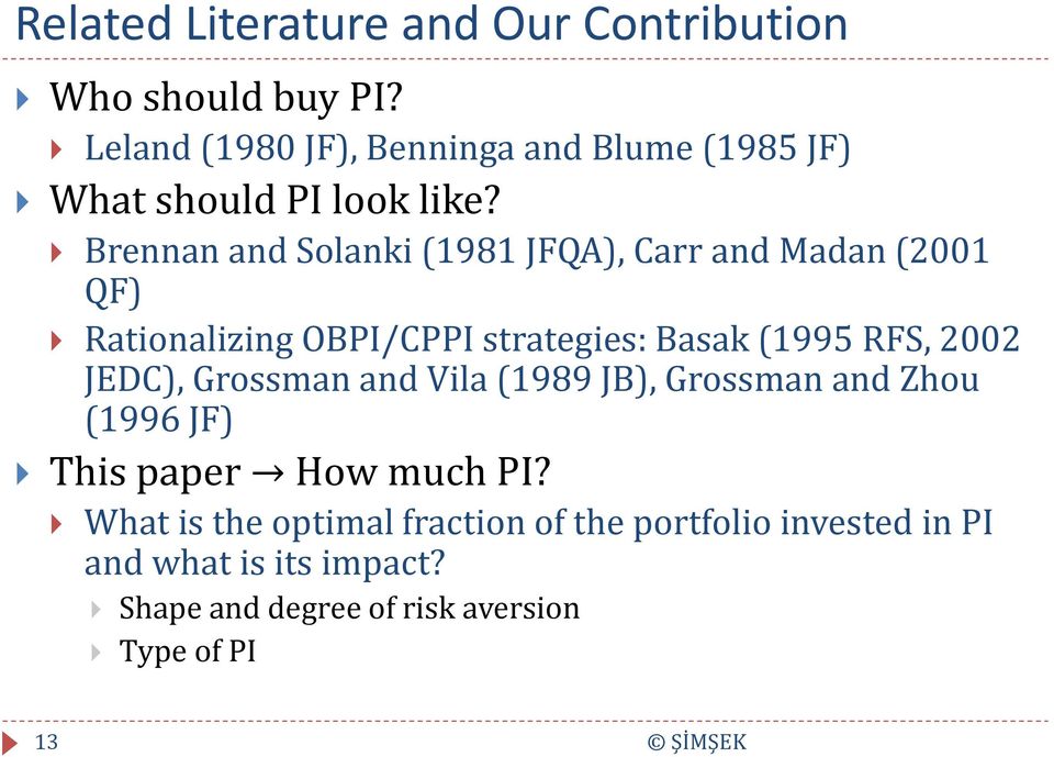 Brennan and Solanki (1981 JFQA), Carr and Madan (2001 QF) Rationalizing OBPI/CPPI strategies: Basak (1995 RFS, 2002