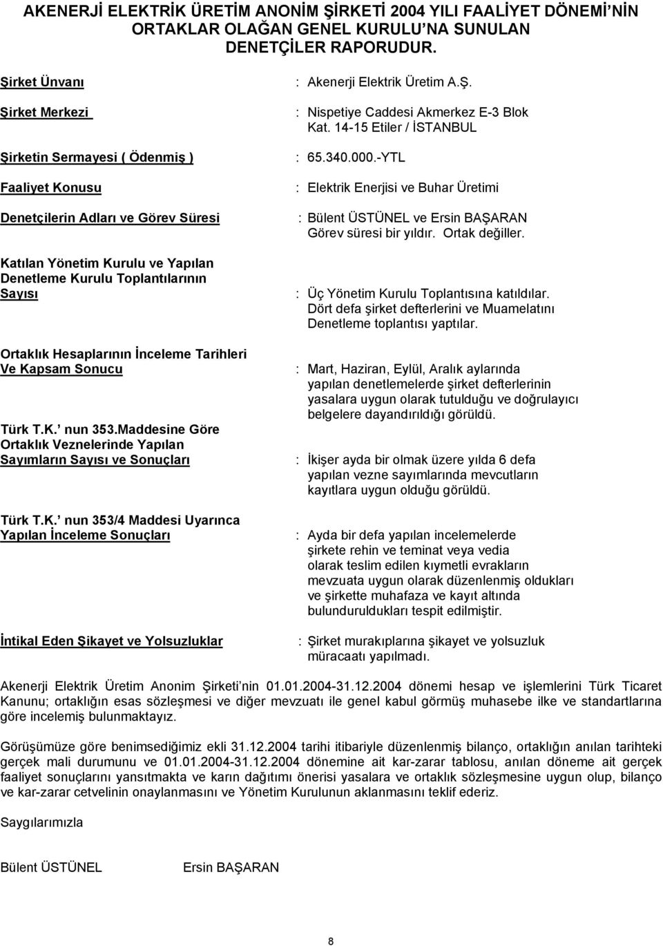 Hesaplarının İnceleme Tarihleri Ve Kapsam Sonucu Türk T.K. nun 353.Maddesine Göre Ortaklık Veznelerinde Yapılan Sayımların Sayısı ve Sonuçları Türk T.K. nun 353/4 Maddesi Uyarınca Yapılan İnceleme Sonuçları İntikal Eden Şikayet ve Yolsuzluklar : Akenerji Elektrik Üretim A.