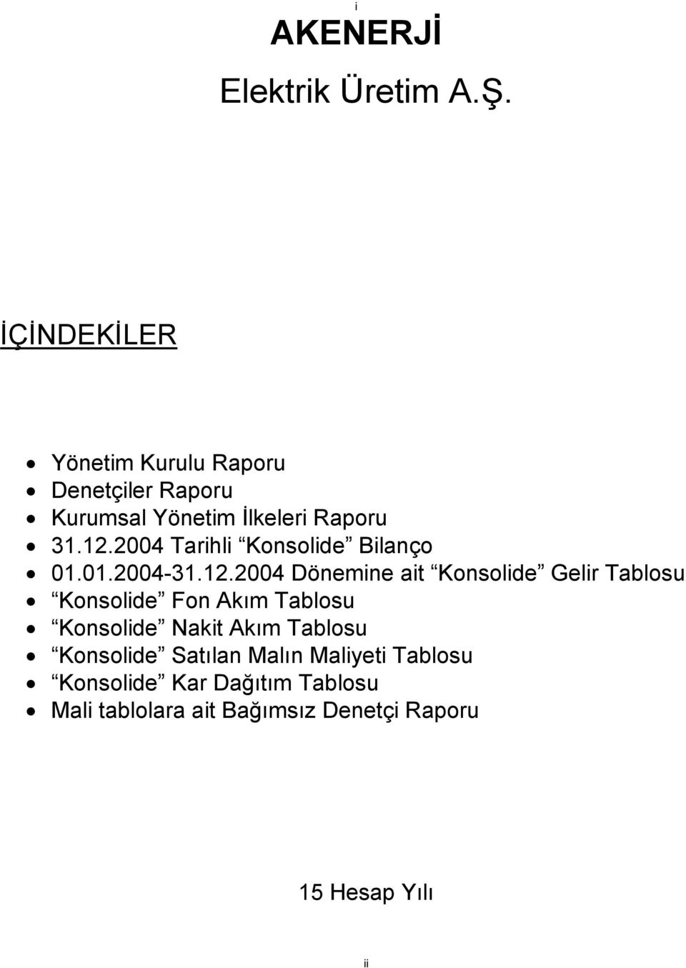 2004 Tarihli Konsolide Bilanço 01.01.2004-31.12.