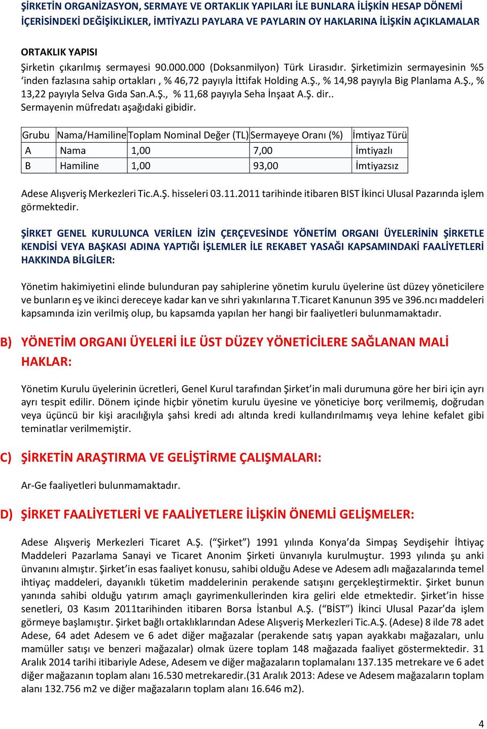 Ş., % 13,22 payıyla Selva Gıda San.A.Ş., % 11,68 payıyla Seha İnşaat A.Ş. dir.. Sermayenin müfredatı aşağıdaki gibidir.