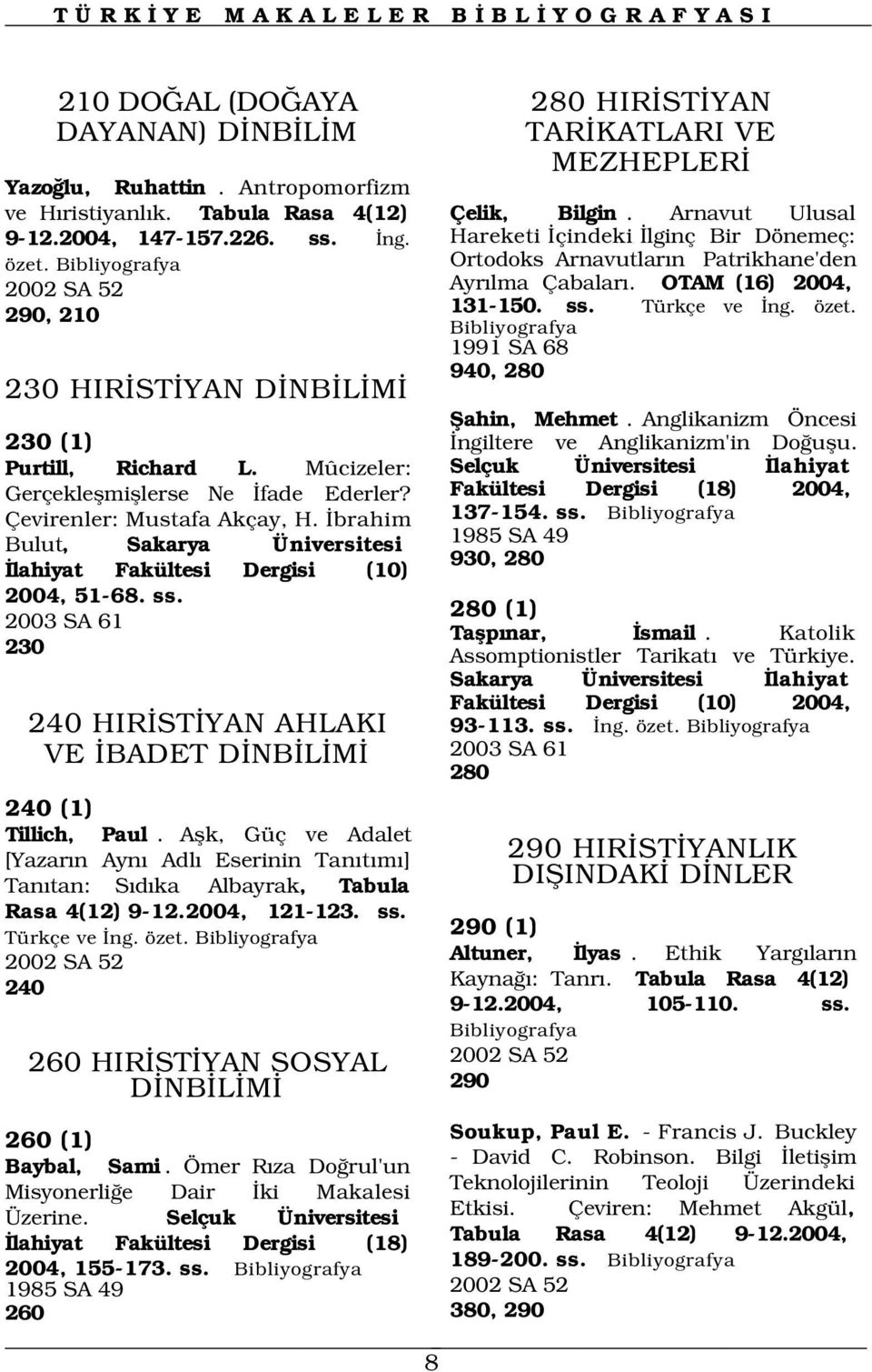 brahim Bulut, Sakarya Üniversitesi lahiyat Fakültesi Dergisi (10) 2004, 51-68. ss. 2003 SA 61 230 240 HIR ST YAN AHLAKI VE BADET D NB L M 2003 SA 61 280 240 (1) Tillich, Paul.