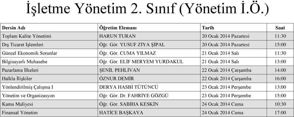 CUMA YILMAZ 21 Ocak 2014 Salı 11:30 Bilgisayarlı Muhasebe Öğr. Gör.