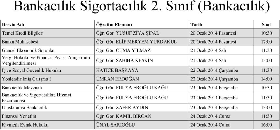 SABĠHA KESKĠN 21 Ocak 2014 Salı 13:00 ĠĢ ve Sosyal Güvenlik Hukuku HATĠCE BAġKAYA 22 Ocak 2014 ÇarĢamba 11:30 YönlendirilmiĢ ÇalıĢma I ÜMRAN ERDOĞAN 22 Ocak 2014 ÇarĢamba 14:00 Bankacılık Mevzuatı