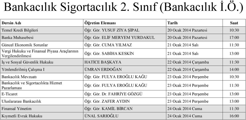 SABĠHA KESKĠN 21 Ocak 2014 Salı 13:00 ĠĢ ve Sosyal Güvenlik Hukuku HATĠCE BAġKAYA 22 Ocak 2014 ÇarĢamba 11:30 YönlendirilmiĢ ÇalıĢma I ÜMRAN ERDOĞAN 22 Ocak 2014 ÇarĢamba 14:00 Bankacılık Mevzuatı