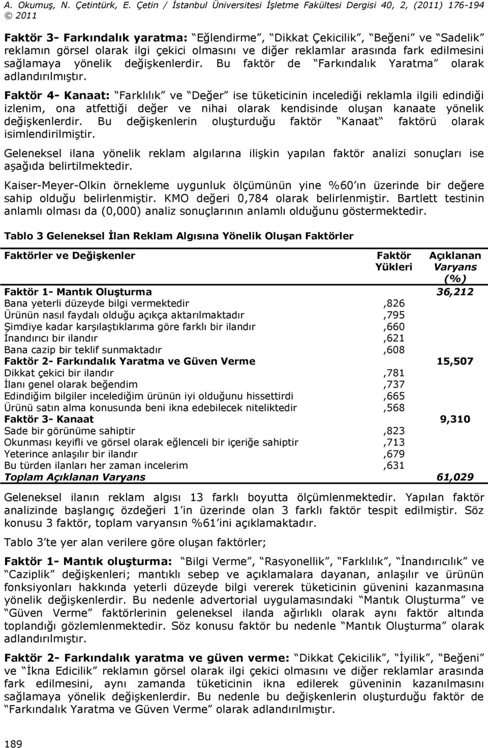 Faktör 4- Kanaat: Farklılık ve Değer ise tüketicinin incelediği reklamla ilgili edindiği izlenim, ona atfettiği değer ve nihai olarak kendisinde oluşan kanaate yönelik değişkenlerdir.