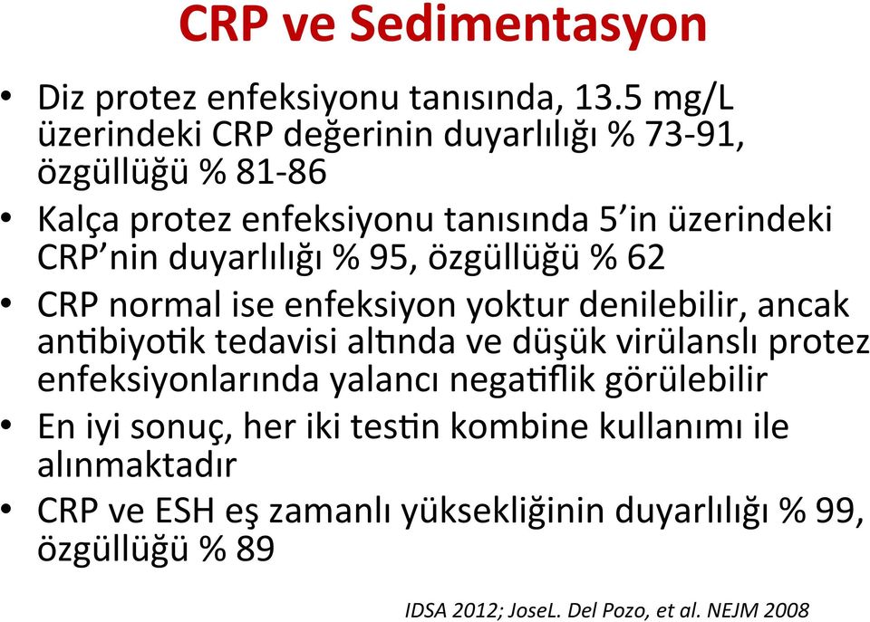 duyarlılığı % 95, özgüllüğü % 62 CRP normal ise enfeksiyon yoktur denilebilir, ancak an9biyo9k tedavisi alznda ve düşük virülanslı protez