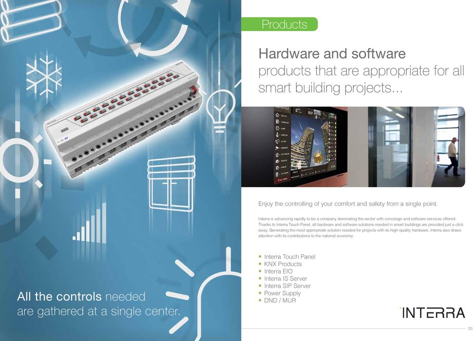 Thanks to Interra Touch Panel, all hardware and software solutions needed in smart buildings are provided just a click away.