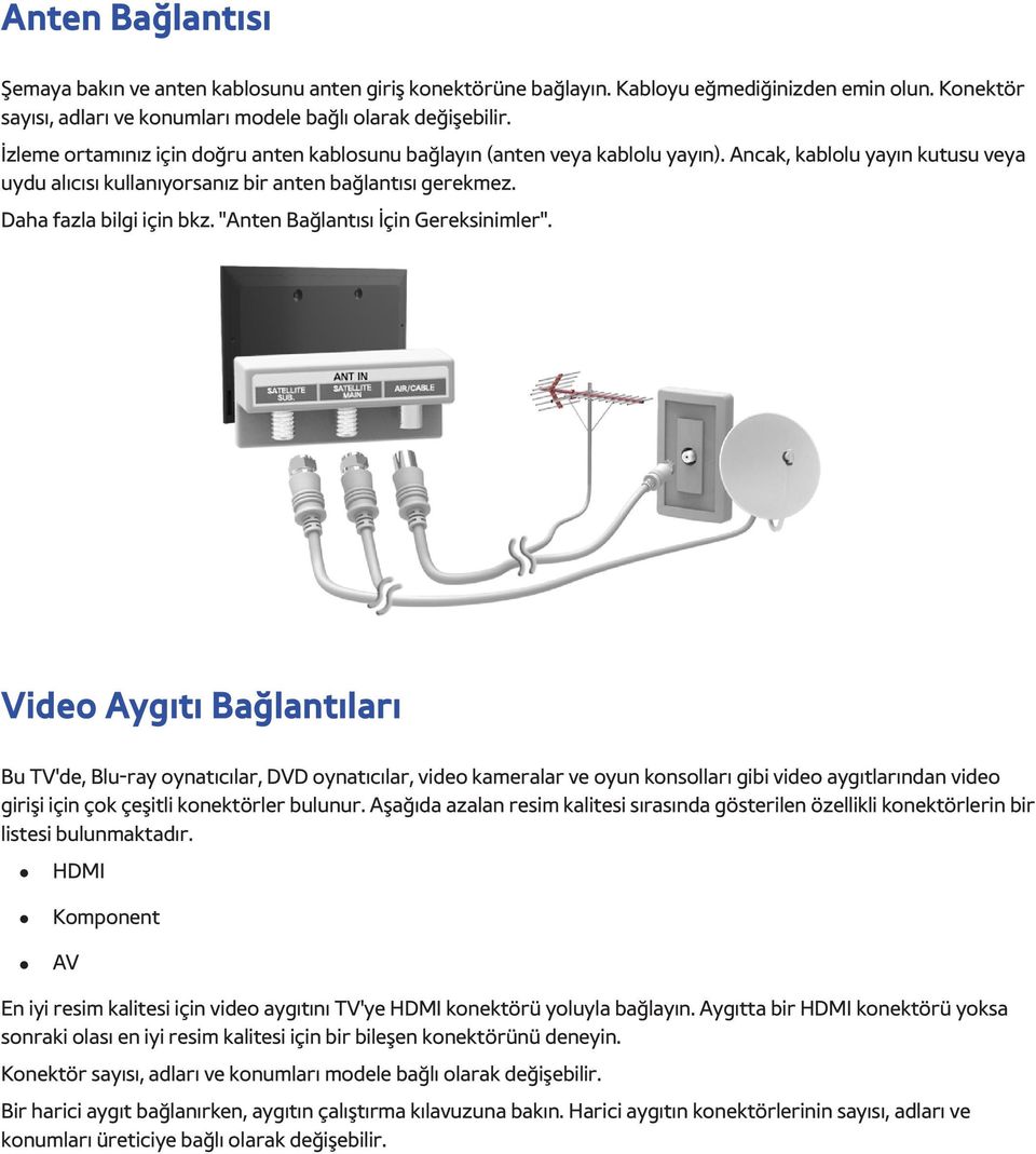 "Anten Bağlantısı İçin Gereksinimler".