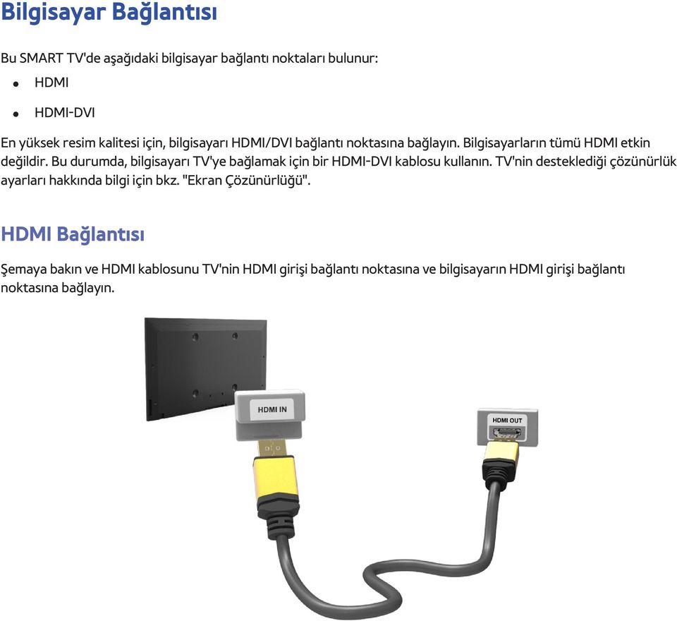 Bu durumda, bilgisayarı TV'ye bağlamak için bir HDMI-DVI kablosu kullanın.