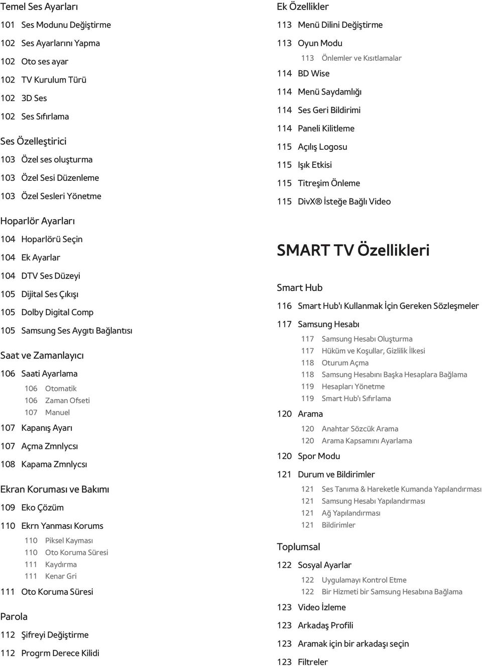 Açılış Logosu 115 Işık Etkisi 115 Titreşim Önleme 115 DivX İsteğe Bağlı Video Hoparlör Ayarları 104 Hoparlörü Seçin 104 Ek Ayarlar 104 DTV Ses Düzeyi 105 Dijital Ses Çıkışı 105 Dolby Digital Comp 105