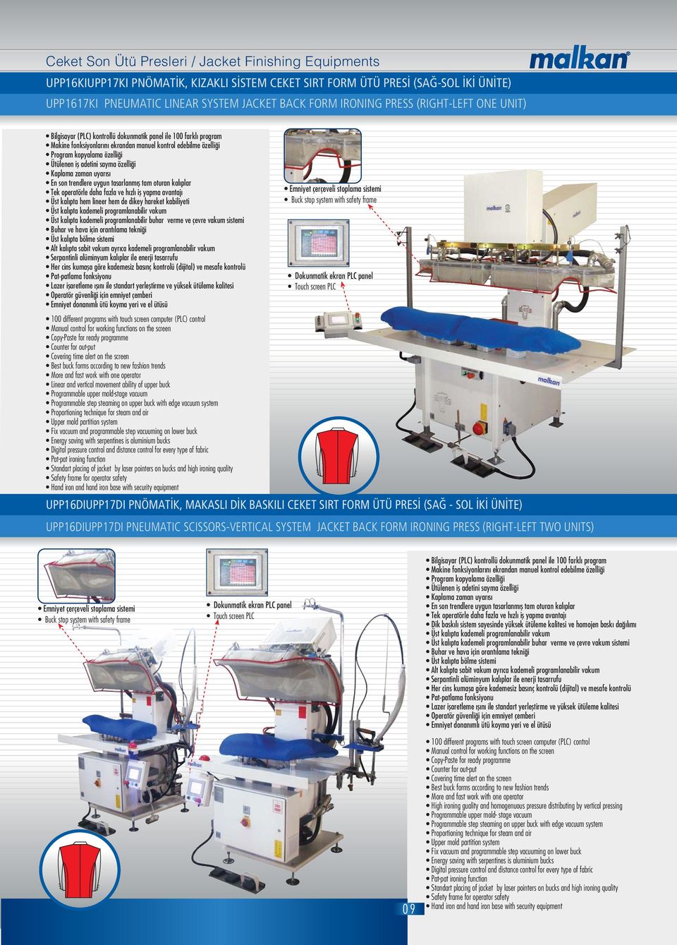 vertical movement ability of upper buck Programmable upper mold-stage vacuum Upper mold partition system UPP16DIUPP17DI PNÖMATİK, MAKASLI DİK BASKILI CEKET SIRT FORM ÜTÜ PRESİ (SAĞ - SOL İKİ ÜNİTE)