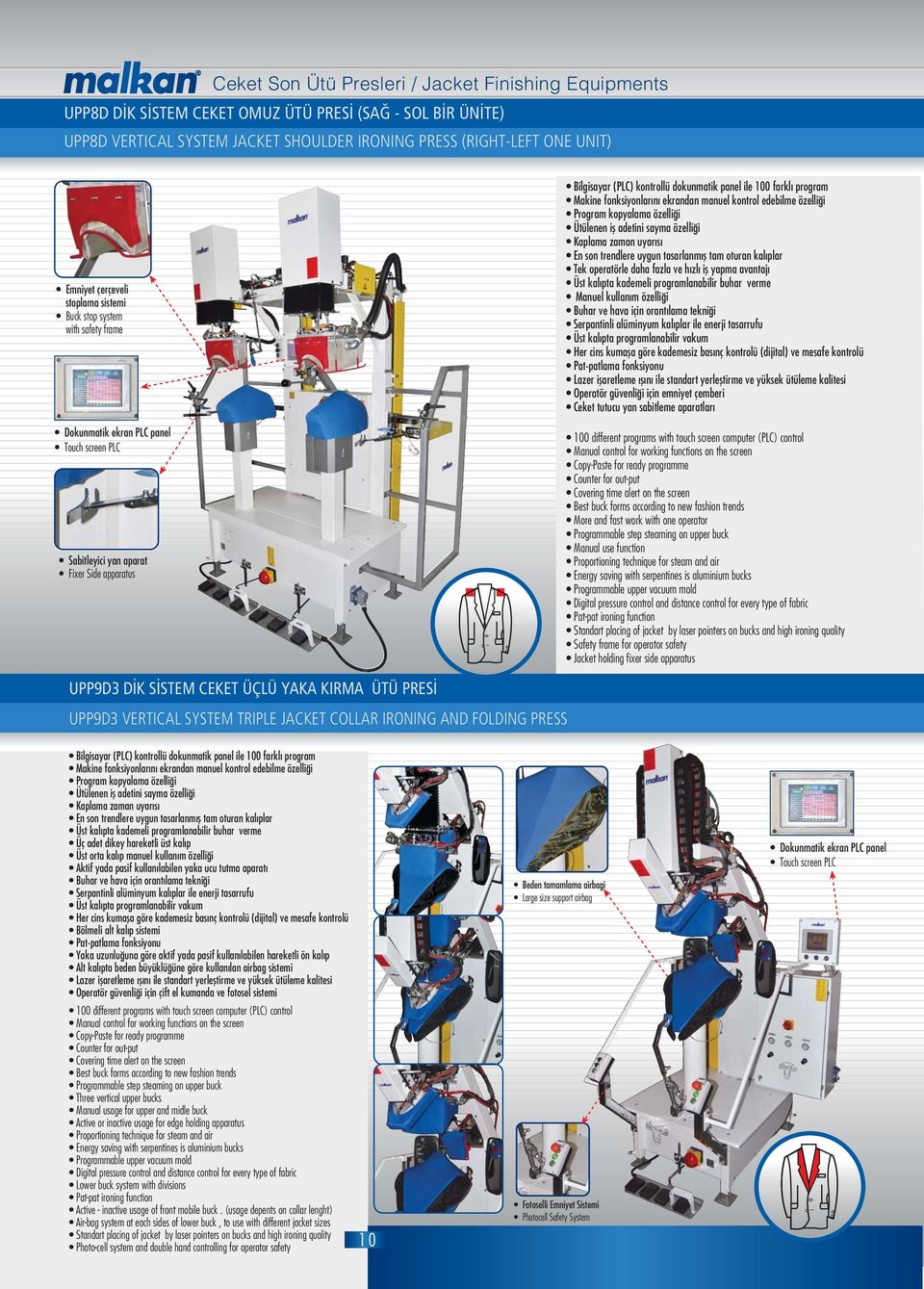 buhar verme Manuel kullanım özelli i Üst kal pta programlanabilir vakum Pat-patlama fonksiyonu Ceket tutucu yan sabitleme aparatlar Programmable step steaming on upper buck Manual use function