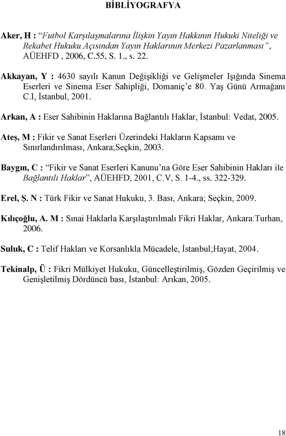 Arkan, A : Eser Sahibinin Haklarına Bağlantılı Haklar, İstanbul: Vedat, 2005. Ateş, M : Fikir ve Sanat Eserleri Üzerindeki Hakların Kapsamı ve Sınırlandırılması, Ankara;Seçkin, 2003.