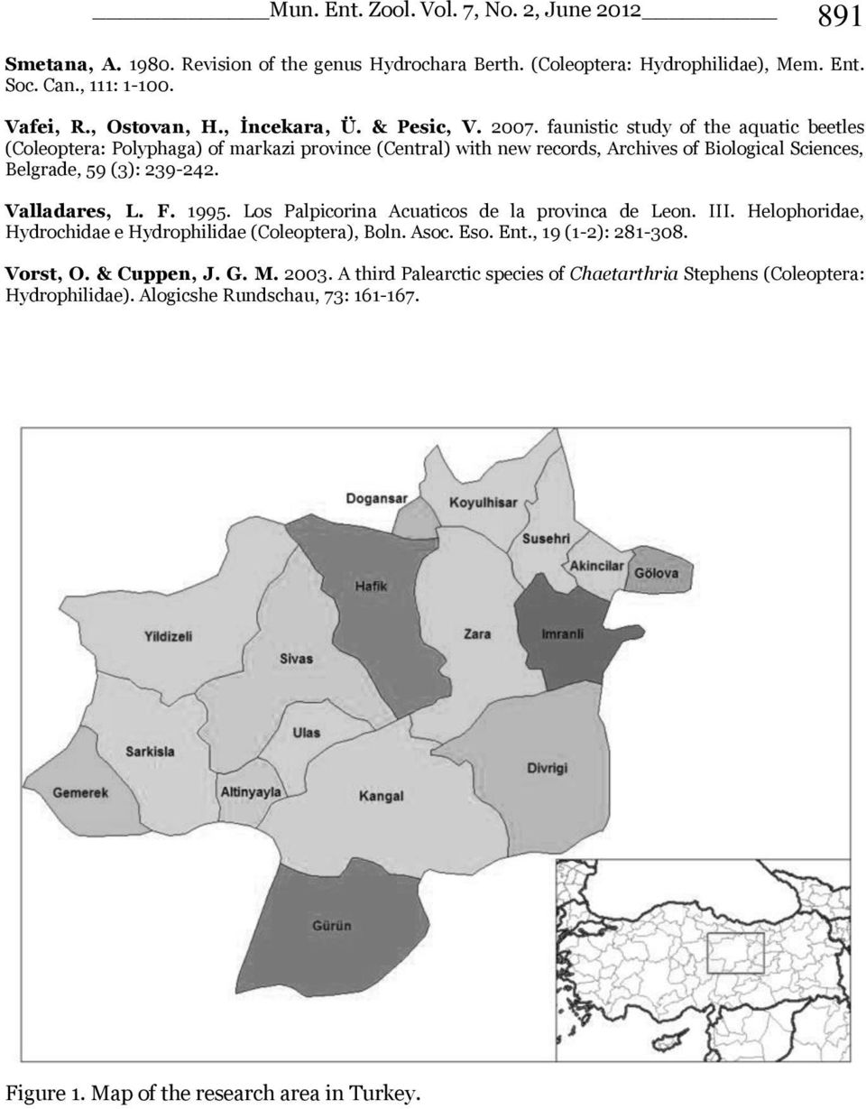 faunistic study of the aquatic beetles (Coleoptera: Polyphaga) of markazi province (Central) with new records, Archives of Biological Sciences, Belgrade, 59 (3): 239-242. Valladares, L. F.