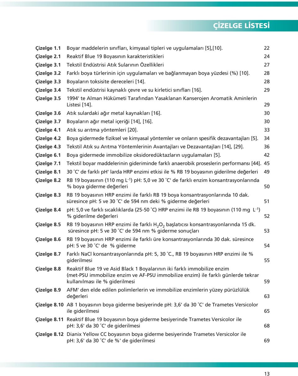 28 Çizelge 3.4 Tekstil endüstrisi kaynakl çevre ve su kirletici s n flar [16]. 29 Çizelge 3.5 1994' te Alman Hükümeti Taraf ndan Yasaklanan Kanserojen Aromatik Aminlerin Listesi [14]. 29 Çizelge 3.6 At k sulardaki a r metal kaynaklar [16].