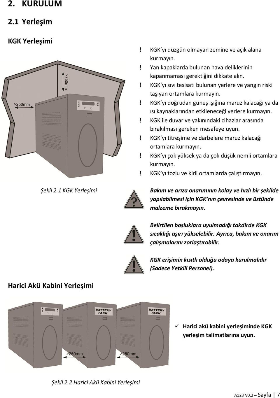 ! KGK ile duvar ve yakınındaki cihazlar arasında bırakılması gereken mesafeye uyun.! KGK yı titreşime ve darbelere maruz kalacağı ortamlara kurmayın.