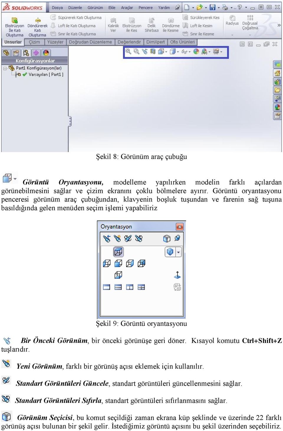 Görünüm, bir önceki görünüşe geri döner. Kısayol komutu Ctrl+Shift+Z tuşlarıdır. Yeni Görünüm, farklı bir görünüş açısı eklemek için kullanılır.