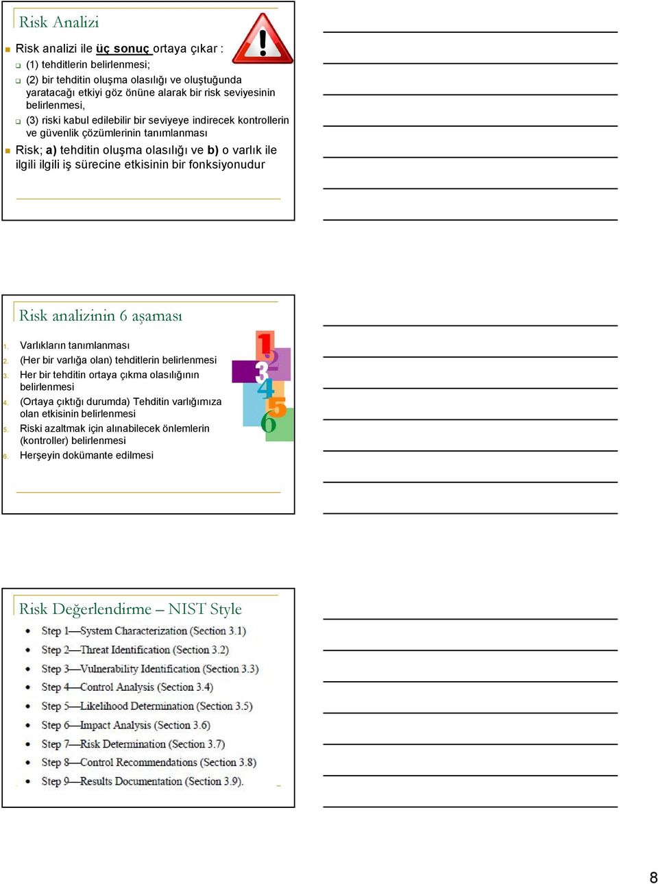 etkisinin bir fonksiyonudur Risk analizinin 6 aşaması 1. Varlıkların tanımlanması 2. (Her bir varlığa olan) tehditlerin belirlenmesi 3. Her bir tehditin ortaya çıkma olasılığının belirlenmesi 4.