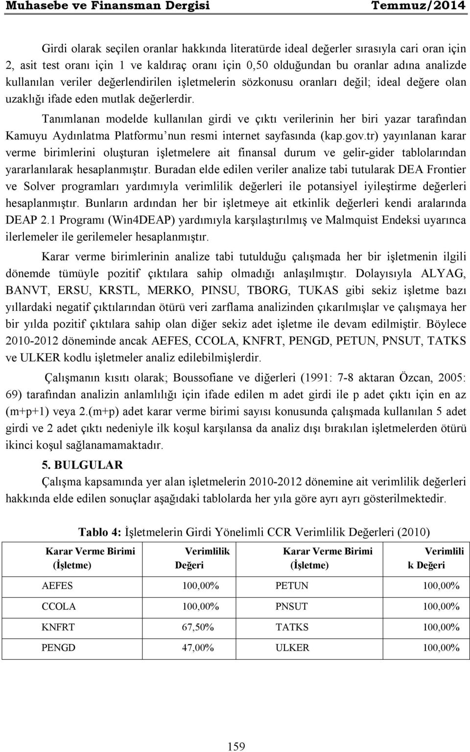 Tanımlanan modelde kullanılan girdi ve çıktı verilerinin her biri yazar tarafından Kamuyu Aydınlatma Platformu nun resmi internet sayfasında (kap.gov.