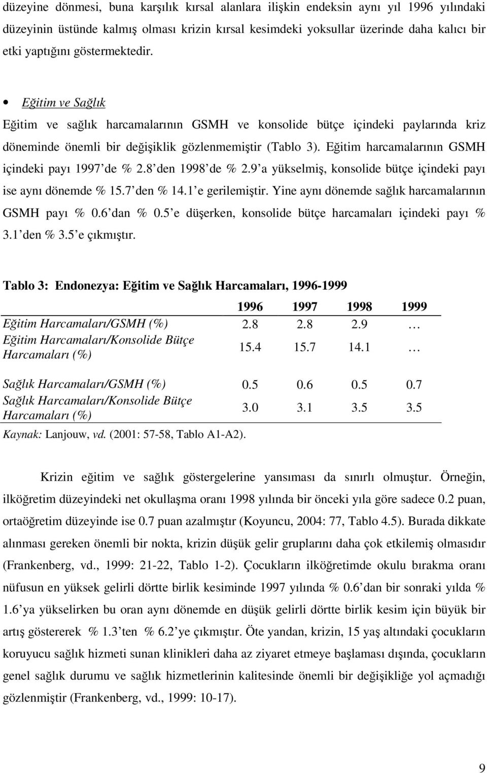 Eitim harcamalarının GSMH içindeki payı 1997 de % 2.8 den 1998 de % 2.9 a yükselmi, konsolide bütçe içindeki payı ise aynı dönemde % 15.7 den % 14.1 e gerilemitir.