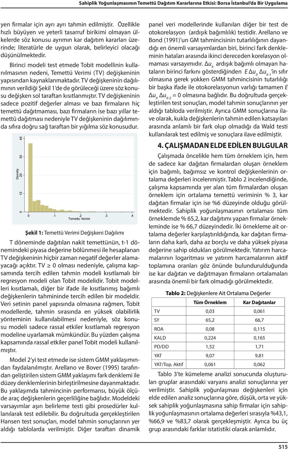 Birinci modeli test etmede Tobit modellinin kullanılmasının nedeni, Temettü Verimi (TV) değişkeninin yapısından kaynaklanmaktadır.