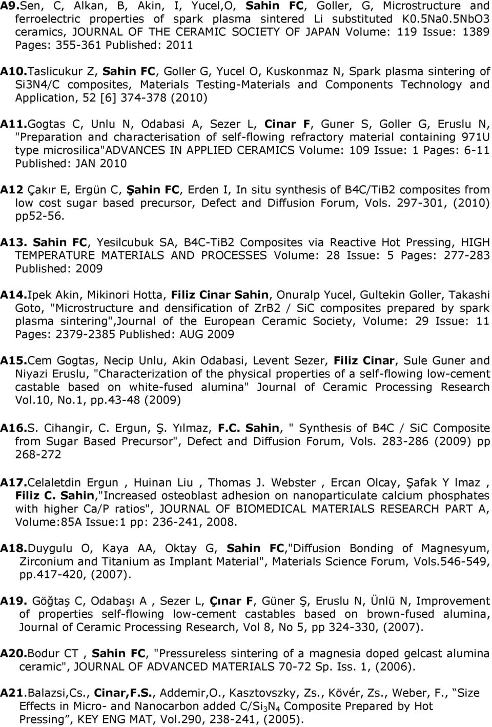 Taslicukur Z, Sahin FC, Goller G, Yucel O, Kuskonmaz N, Spark plasma sintering of Si3N4/C composites, Materials Testing-Materials and Components Technology and Application, 52 [6] 374-378 (2010) A11.