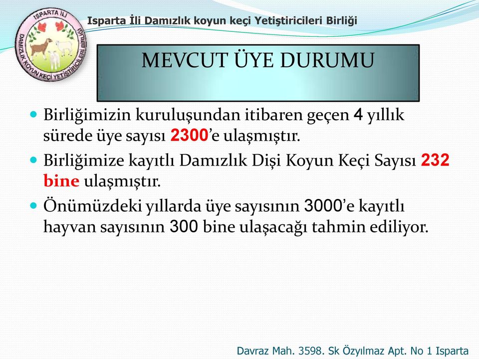 Birliğimize kayıtlı Damızlık Dişi Koyun Keçi Sayısı 232 bine ulaşmıştır.