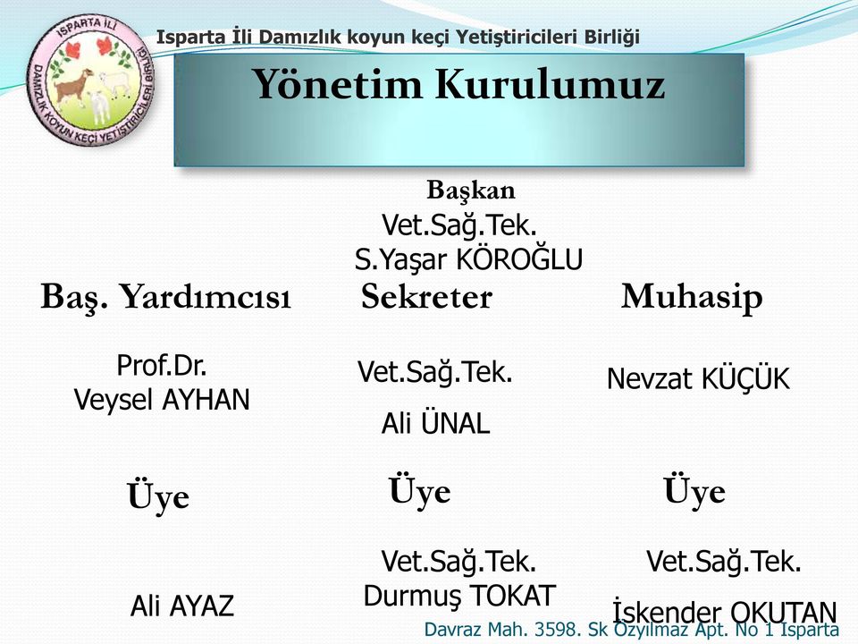 Veysel AYHAN Vet.Sağ.Tek. Ali ÜNAL Nevzat KÜÇÜK Üye Üye Üye Ali AYAZ Vet.Sağ.Tek. Durmuş TOKAT Vet.