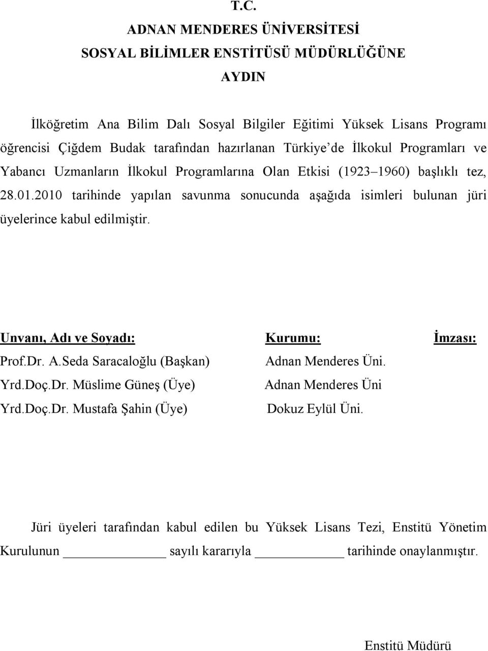 2010 tarihinde yapılan savunma sonucunda aşağıda isimleri bulunan jüri üyelerince kabul edilmiştir. Unvanı, Adı ve Soyadı: Kurumu: İmzası: Prof.Dr. A.Seda Saracaloğlu (Başkan) Adnan Menderes Üni.