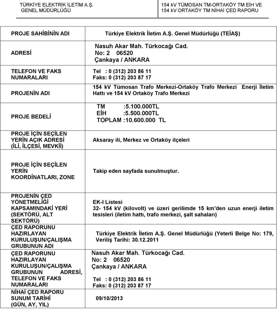No: 2 06520 Çankaya / ANKARA Tel : 0 (312) 203 86 11 Faks: 0 (312) 203 87 17 154 kv Tümosan Trafo Merkezi-Ortaköy Trafo Merkezi Enerji İletim Hattı ve 154 kv Ortaköy Trafo Merkezi TM :5.100.