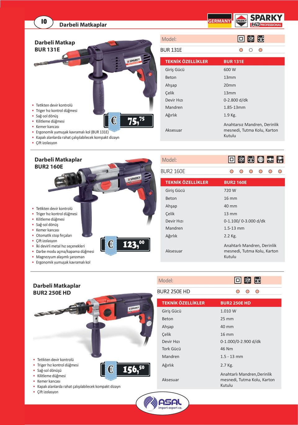 Anahtarsız Mandren, Derinlik mesnedi, Tutma Kolu, Karton Kutulu Darbeli Matkaplar BUR2 160E BUR2 160E BUR2 160E 720 W Beton 16 mm Triger hız kontrol düğmesi Sağ-sol dönüş Kemer kancası İki devirli