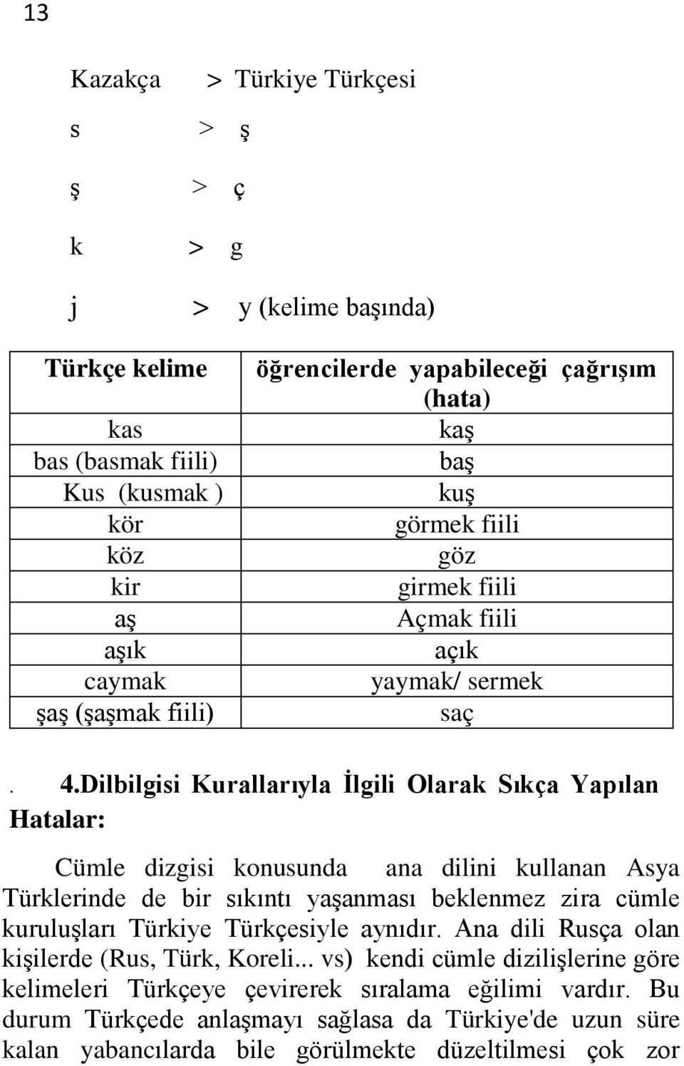 Dilbilgisi Kurallarıyla İlgili Olarak Sıkça Yapılan Hatalar: Cümle dizgisi konusunda ana dilini kullanan Asya Türklerinde de bir sıkıntı yaşanması beklenmez zira cümle kuruluşları Türkiye