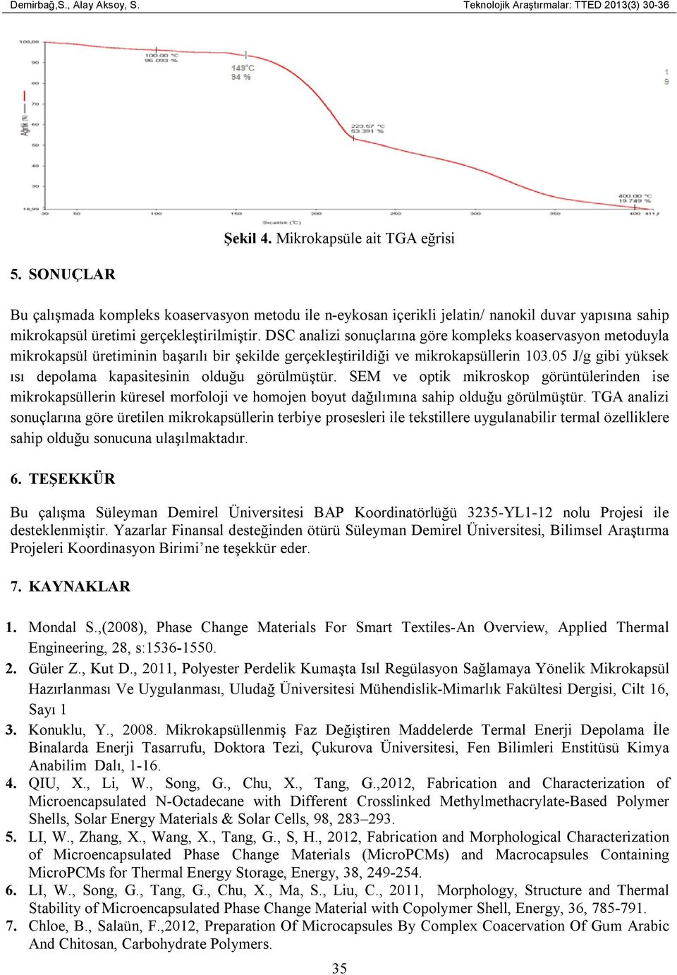 DSC analizi sonuçlarına göre kompleks koaservasyon metoduyla mikrokapsül üretiminin başarılı bir şekilde gerçekleştirildiği ve mikrokapsüllerin 103.