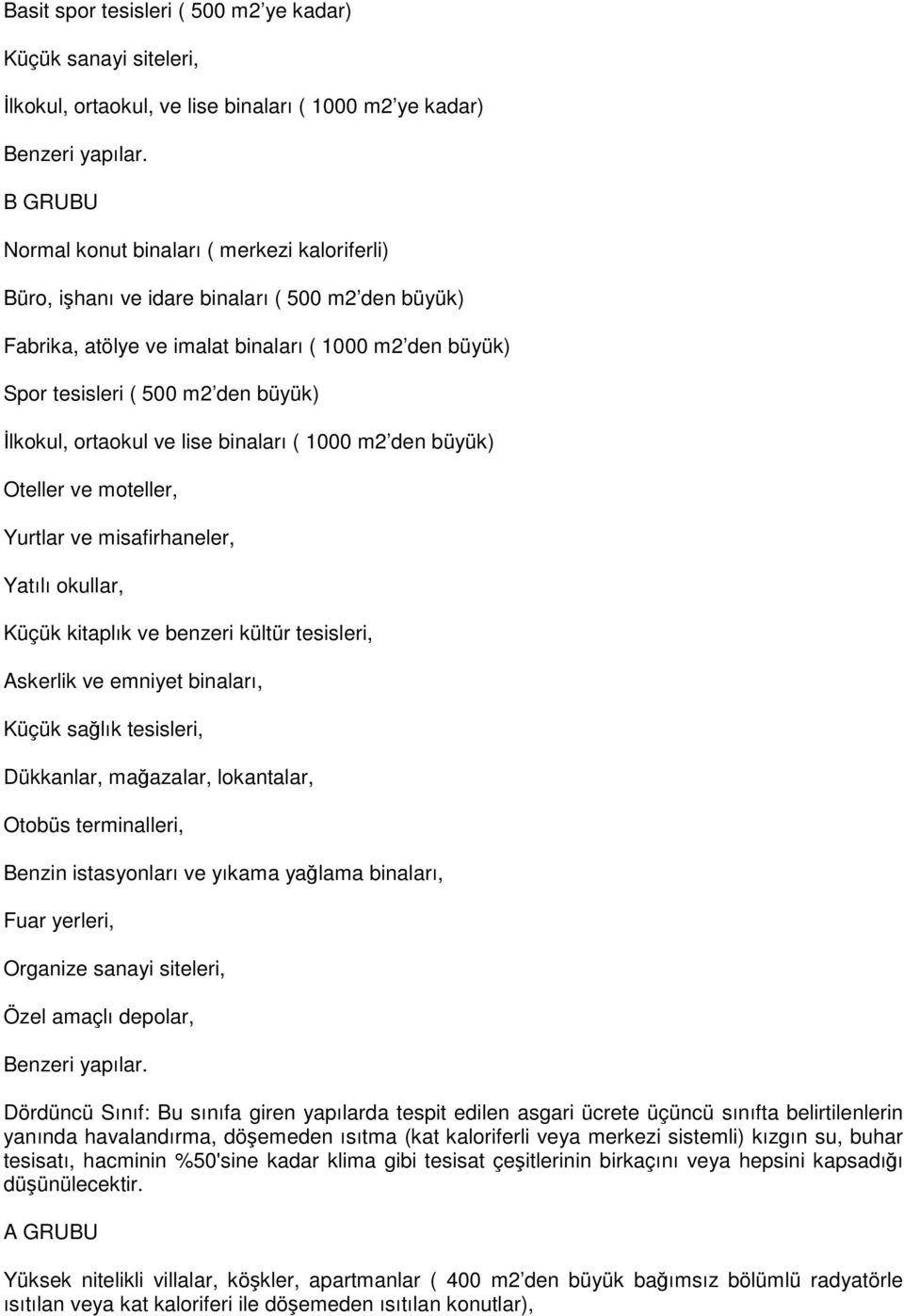 İlkokul, ortaokul ve lise binaları ( 1000 m2 den büyük) Oteller ve moteller, Yurtlar ve misafirhaneler, Yatılı okullar, Küçük kitaplık ve benzeri kültür tesisleri, Askerlik ve emniyet binaları, Küçük