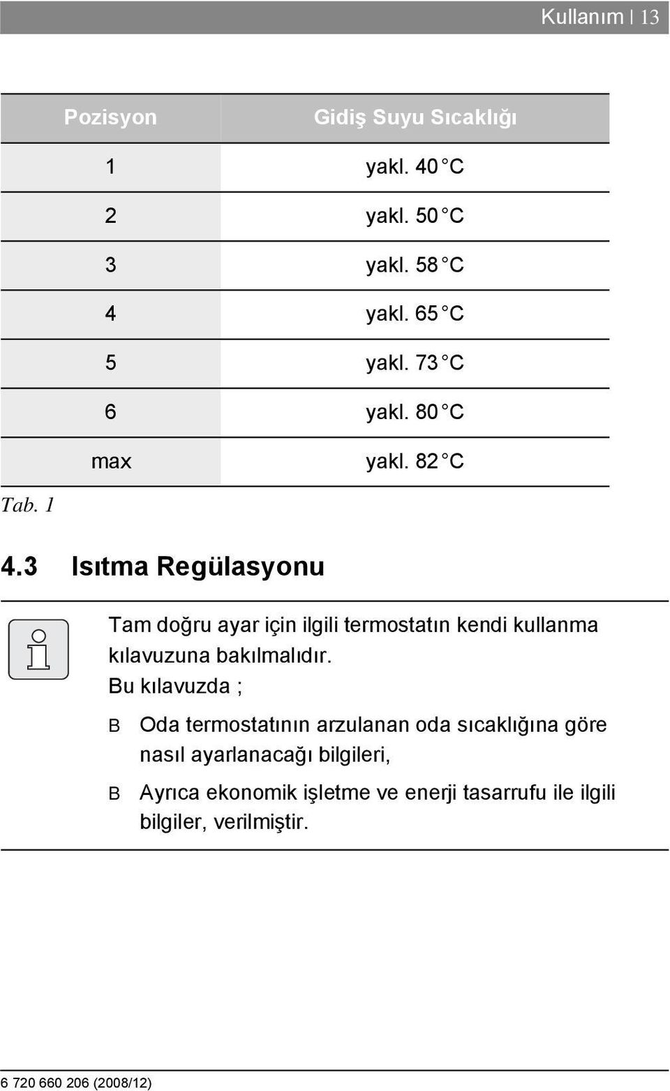3 Isıtma Regülasyonu Tam doğru ayar için ilgili termostatın kendi kullanma kılavuzuna bakılmalıdır.