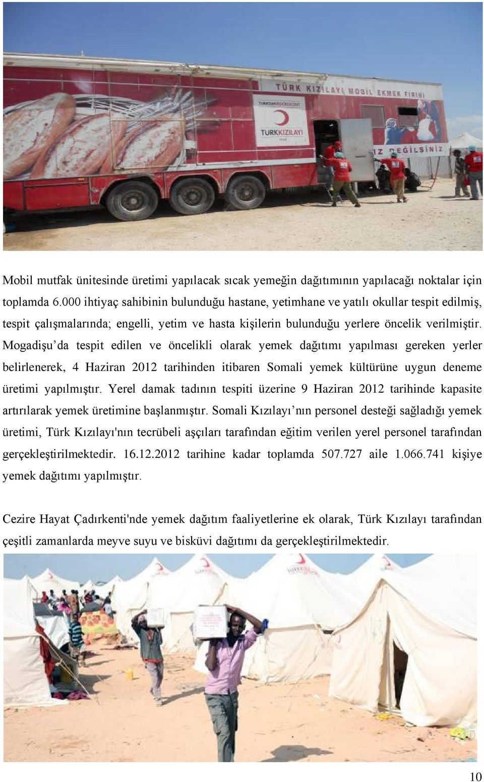 Mogadişu da tespit edilen ve öncelikli olarak yemek dağıtımı yapılması gereken yerler belirlenerek, 4 Haziran 2012 tarihinden itibaren Somali yemek kültürüne uygun deneme üretimi yapılmıştır.
