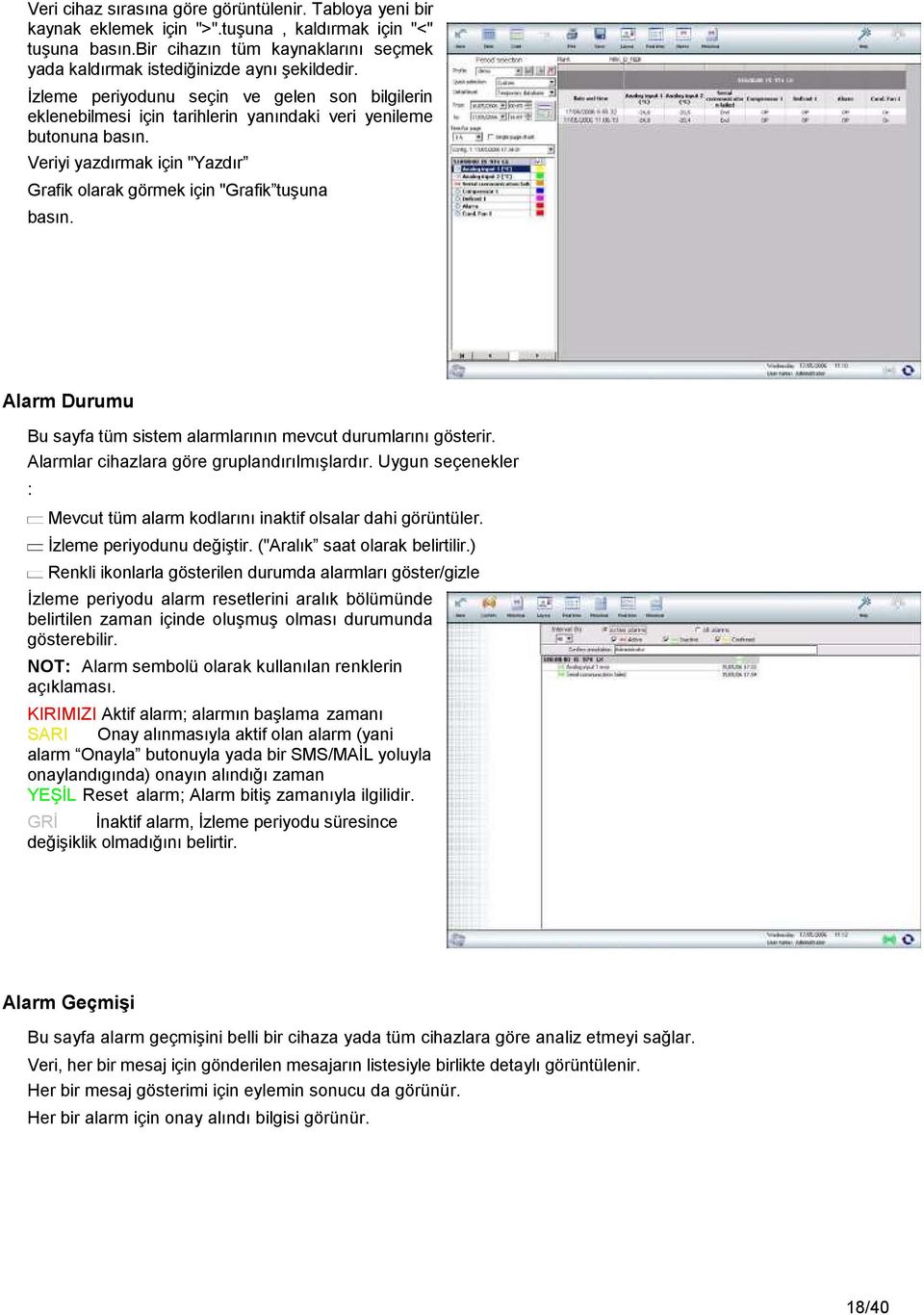Veriyi yazdırmak için "Yazdır Grafik olarak görmek için "Grafik tuşuna basın. Alarm Durumu Bu sayfa tüm sistem alarmlarının mevcut durumlarını gösterir. Alarmlar cihazlara göre gruplandırılmışlardır.